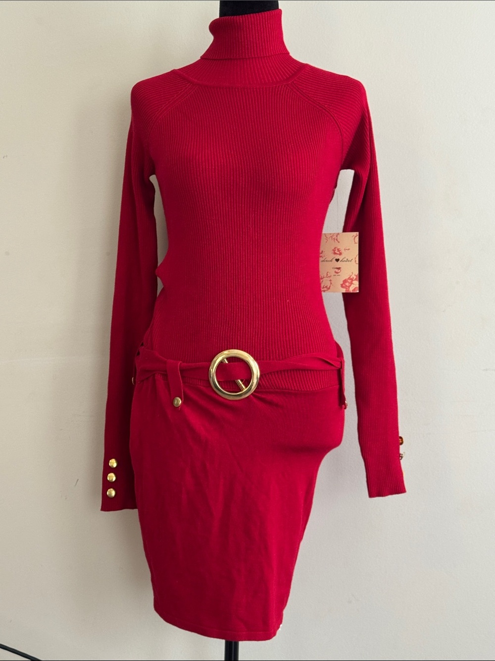Red Turtleneck Ribbed Long-Sleeve Dress with Belt